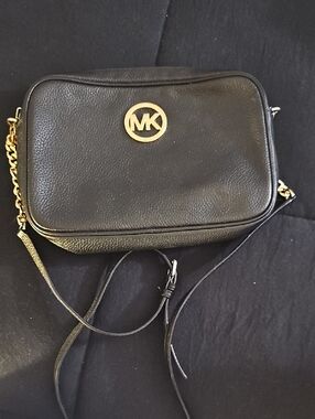 Michael Kors Black Pebbled Leather Crossbody with Gold MK Logo